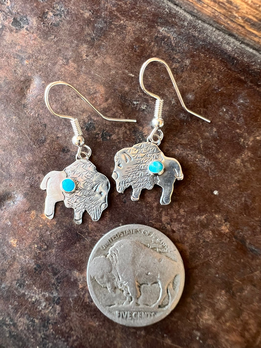 Dainty Handmade by Lucille Platero (Navajo) Turquoise & Sterling Silver Buffalo Earrings 1.25” Length
