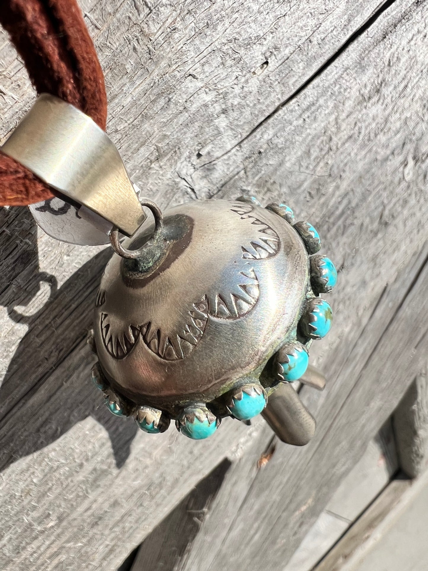 Navajo Handmade by the talented Monica Smith, Sterling Silver & Turquoise Stamped Blossom Pendant 2.4”
