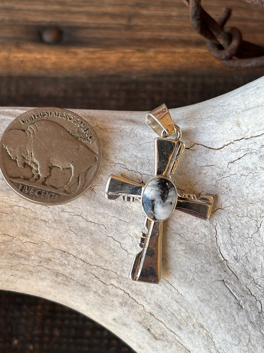 Native Handmade Sterling & White Buffalo Criss Pendant 1.5” long