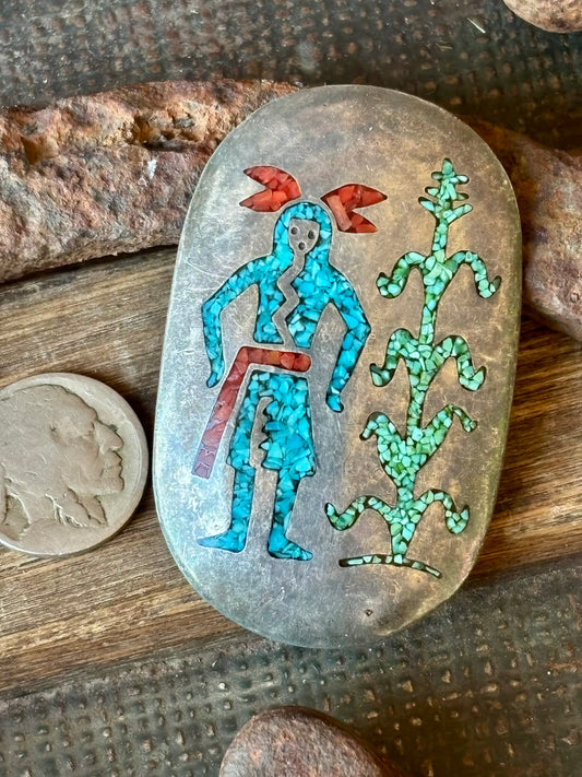 Vintage Native Handmade Sterling Silver & Turquoise, Coral Chip Inlay Yei & Cornstalk Pendant