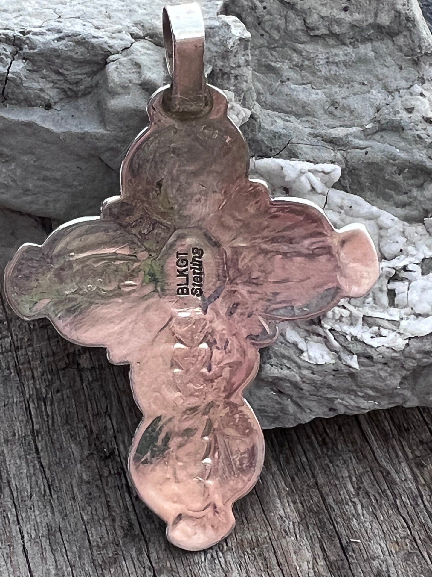 Native American Handmade by Arnold Blackgoat- Sterling & Turquoise Cross Pendant 2.25” x 1.5”