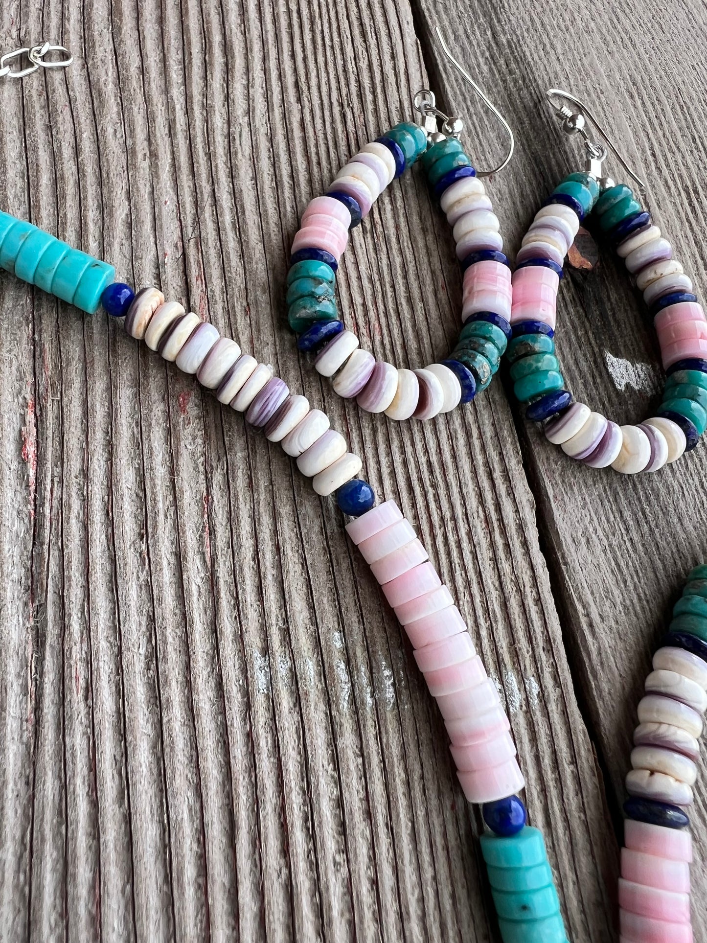 Lapis, Pink Conch, Turquoise, Wampum w/ Sterling Bracelet, Necklace & Earring Set