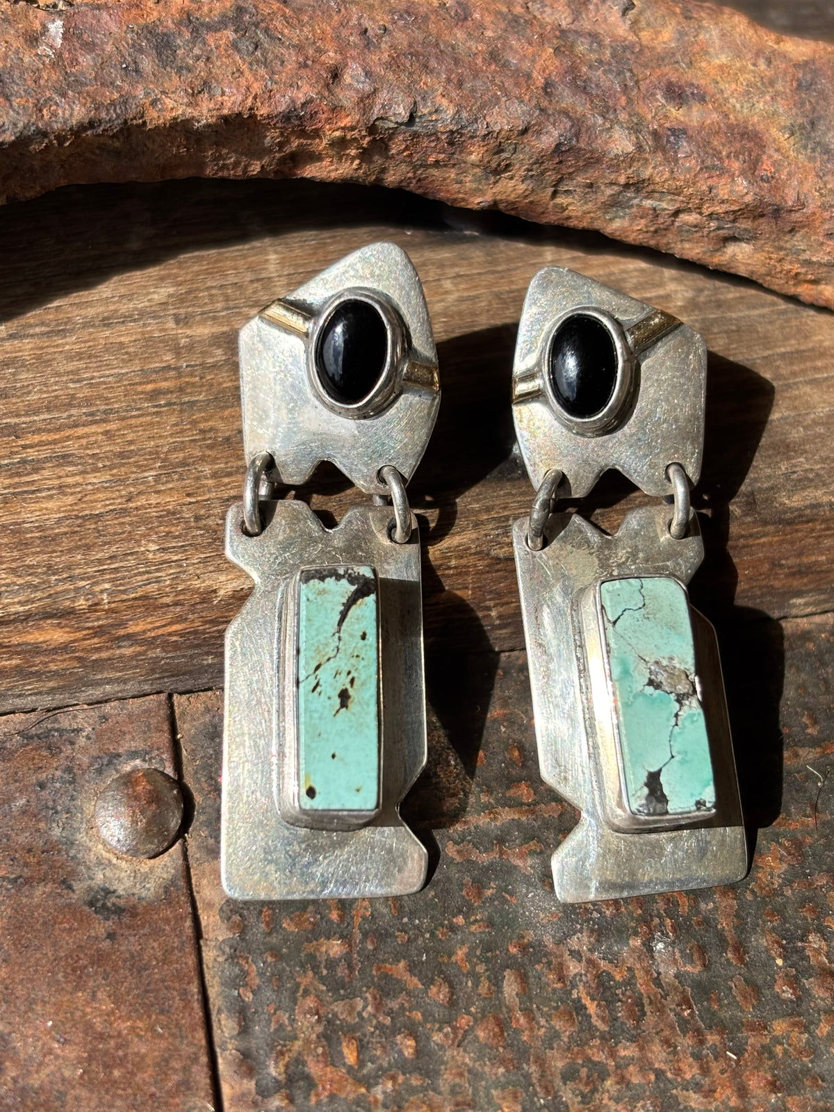 Vintage Handmade Sterling Silver, Turquoise, Onyx & 14kt Gold Dangle Post Earrings 1.65”