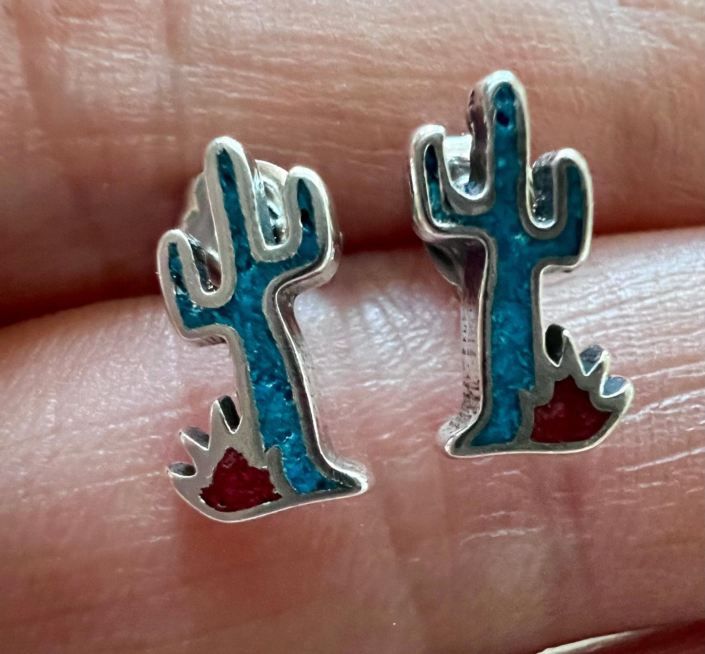 Sterling & Chip inlay Red Coral & Turquoise Cactus Post Earrings 1/2”