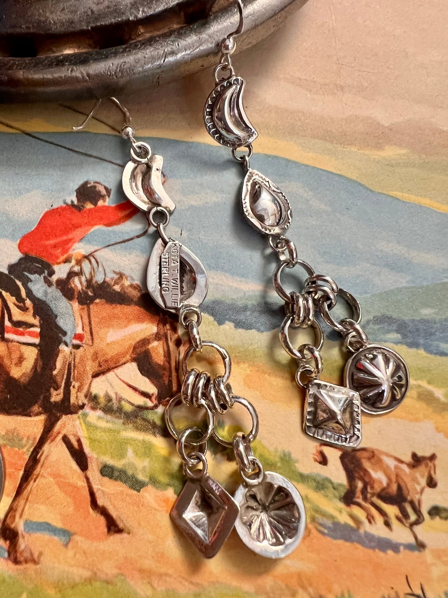 Navajo Handmade by Dakota Willie- Sterling Silver Dangle Earrings 3.4” long