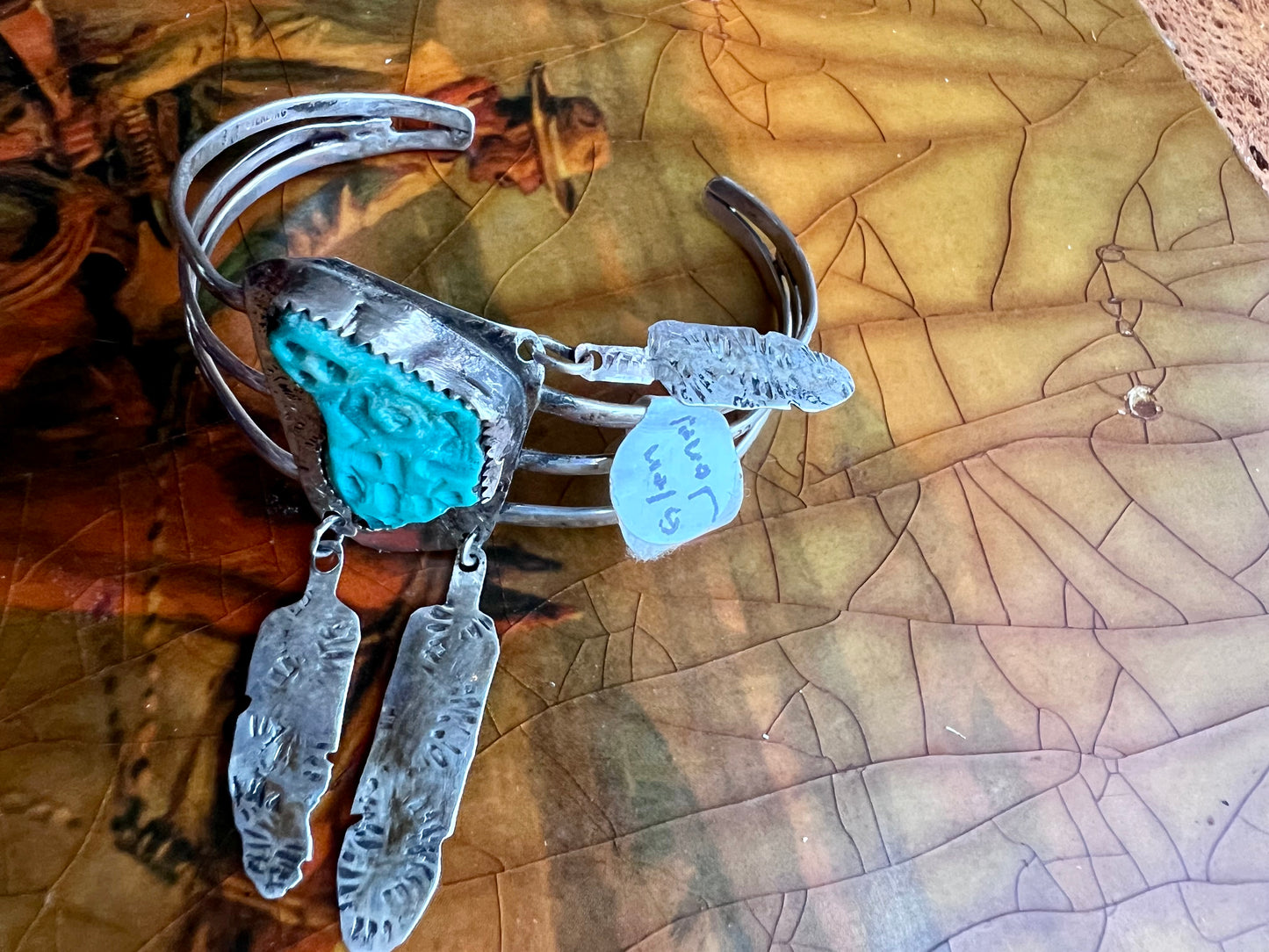 Handmade Glen Jones Sterling & Carved Turquoise w/Feathers Cuff Sz 6-6.5