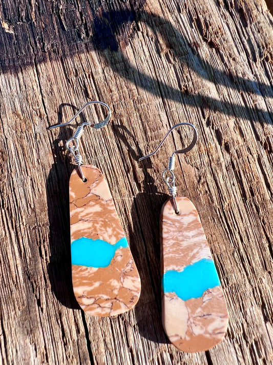 Native American Handmade Turquoise Slab Earrings 2”