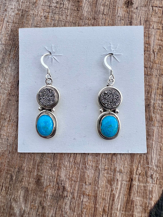 Native Navajo Handmade Sterling, Druzy & Turquoise Dangle Earrings 1 5/8”