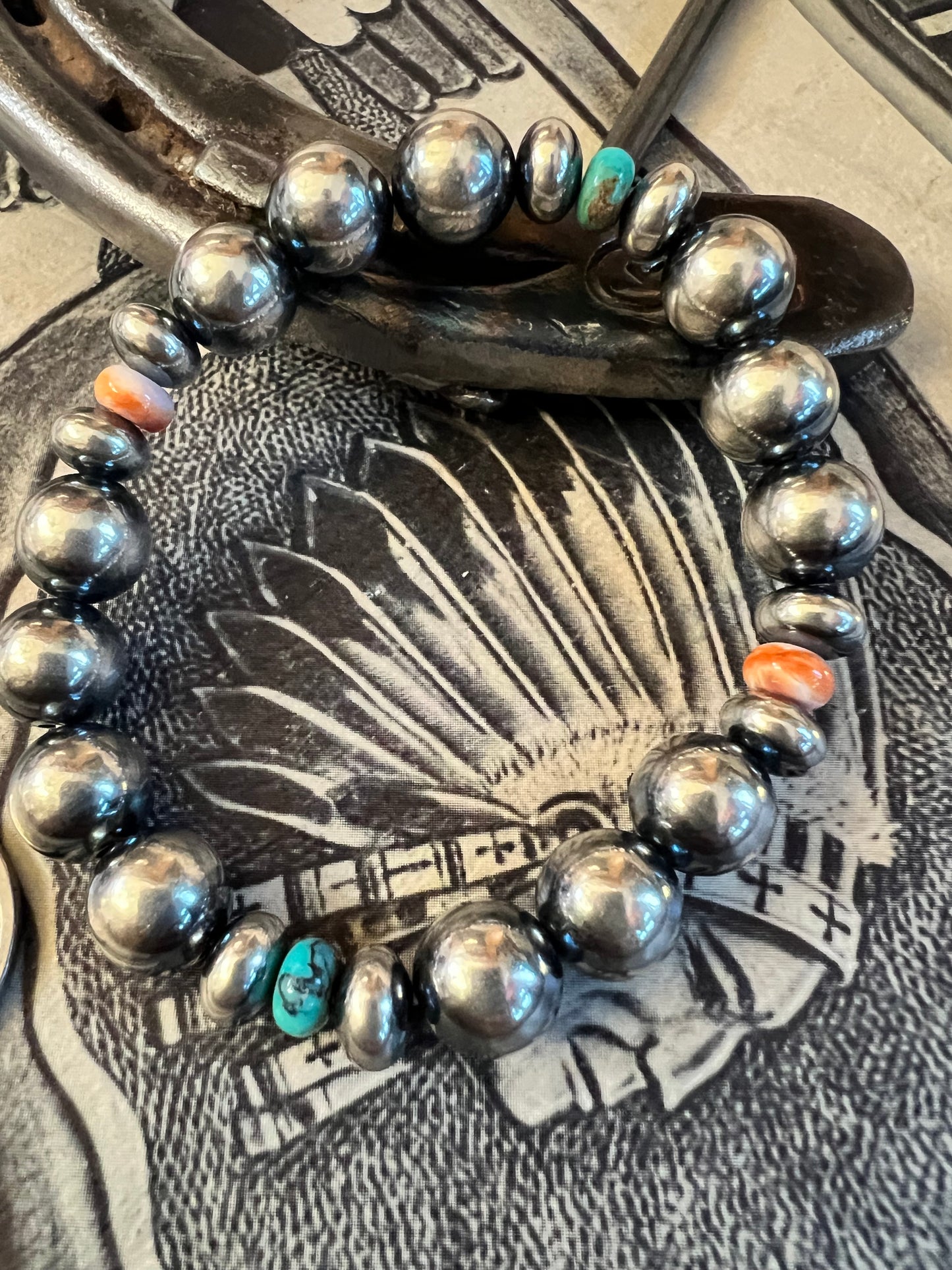 Sterling 10mm Bead, Turquoise & Spiny Oyster Stretch Bracelet 7”