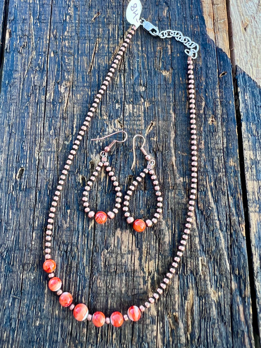 Copper Oxidized 3mm & Orange Spiney 6mm Bead Necklace 14-16” & Earrings 2”
