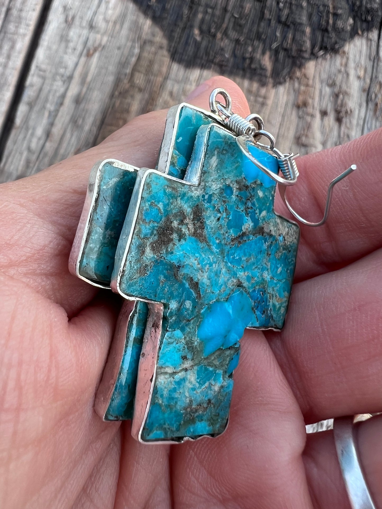Native American Handmade Kingman Turquoise Cross and Sterling Silver Slab Earrings by Veronica Tortalita. 2” x 1“