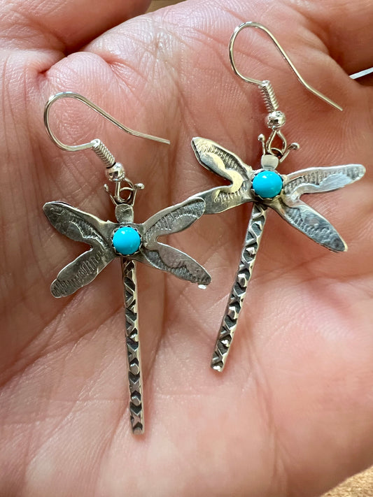Native American Handmade Sterling & Turquoise Dragon Fly Dangle Earrings 3”