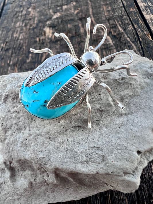 Native American Handmade Sterling & Campitos Turquoise Bug Pin 1.25x 1.5”