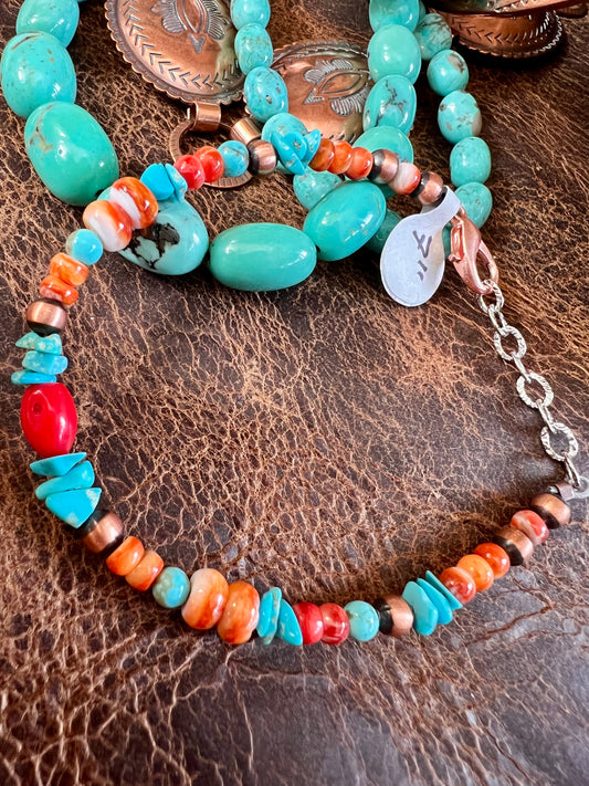 Copper, Orange/Red Spiny, Turquoise & Coral Beaded (4-6mm) Bracelet Sz 7-8”
