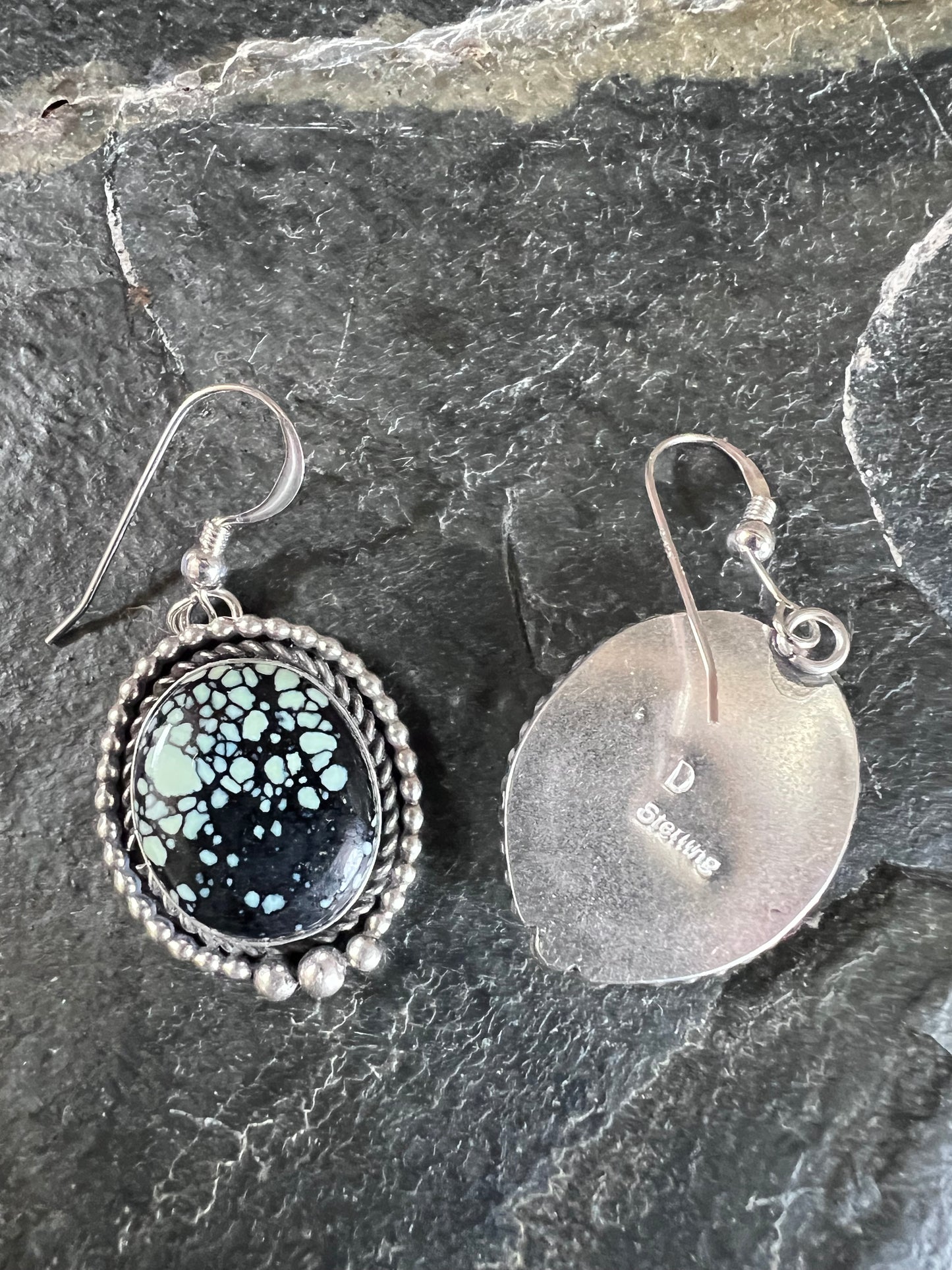 Native American Handmade by Dustin Calvin. Sterling & New Lander Variscite Dangle Earrings 1.7” long