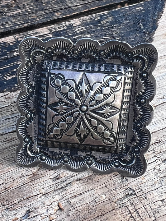 Native American Handmade by Vincent Platero- Large Sterling Stamped Square 1 5/8” Ring Sz 6-9”adjustable