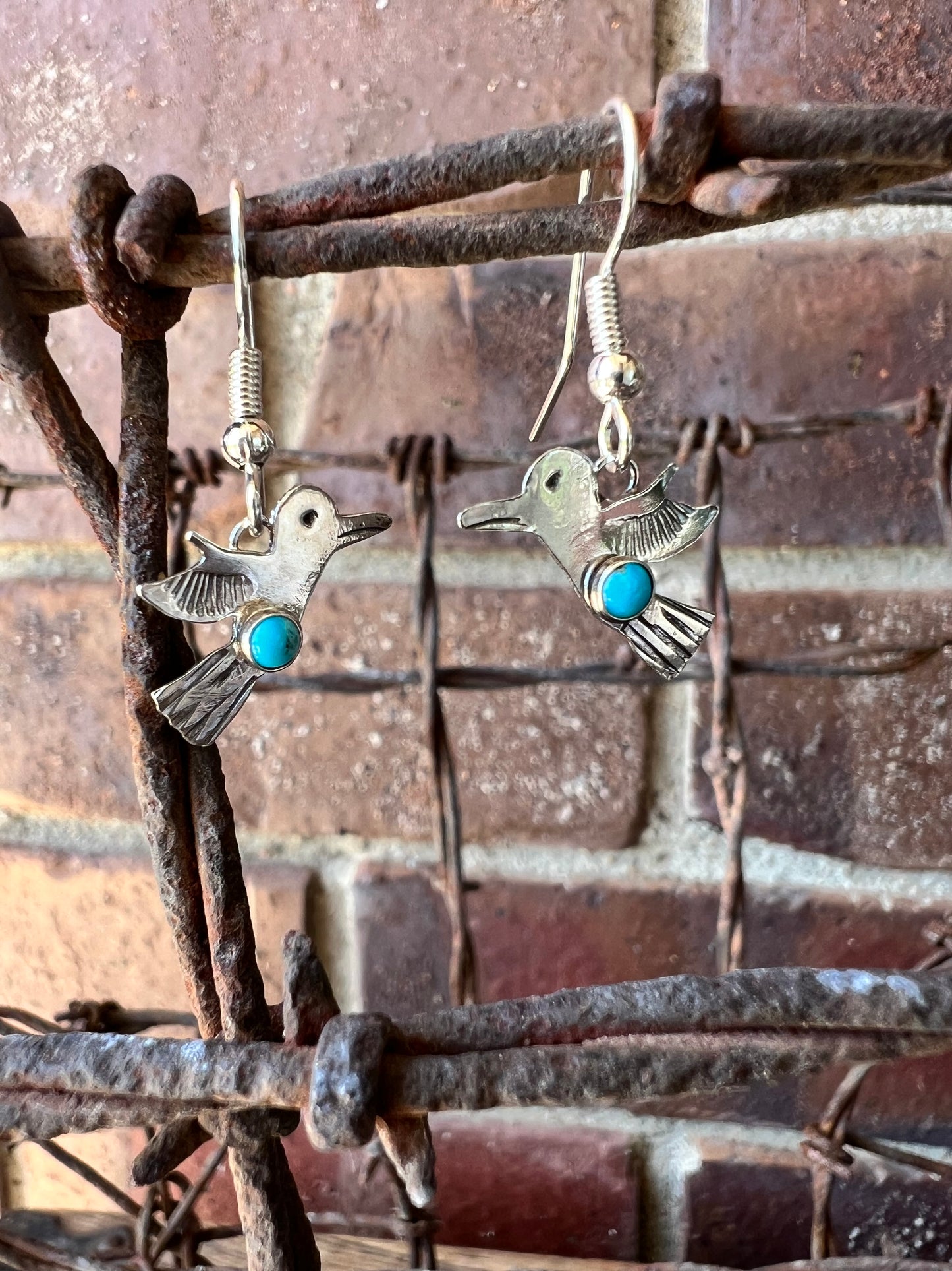 Dainty Handmade by Lucille Platero (Navajo) Turquoise & Sterling Silver Hummingbird Earrings 1.25” Length