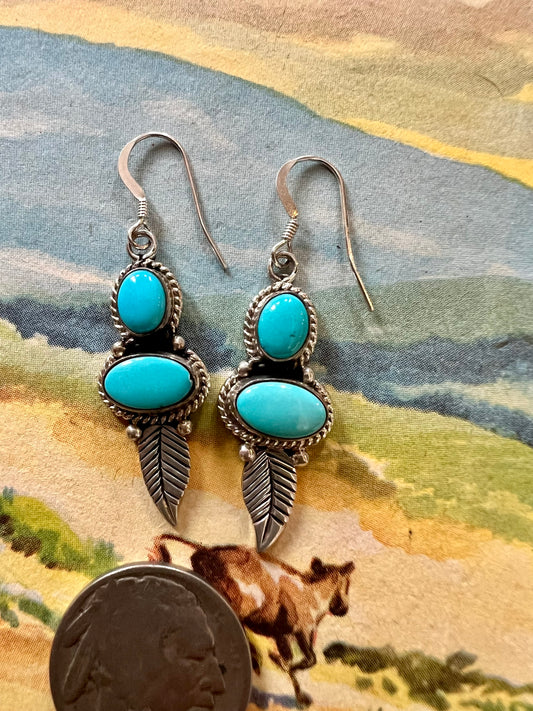 Navajo Handmade by E. Wylie. Sleeping Beauty Turquoise 2-stone & Sterling Silver Dangle Feather Earrings 1 3/4”