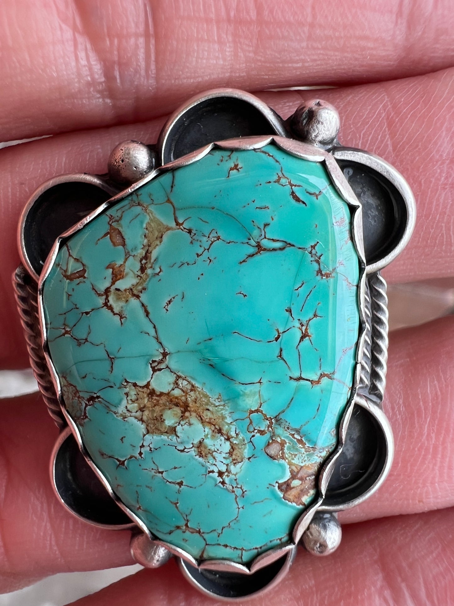 Native American Handmade by Miranda Willie. Sterling & Royston Turquoise Ring Sz Adjustable