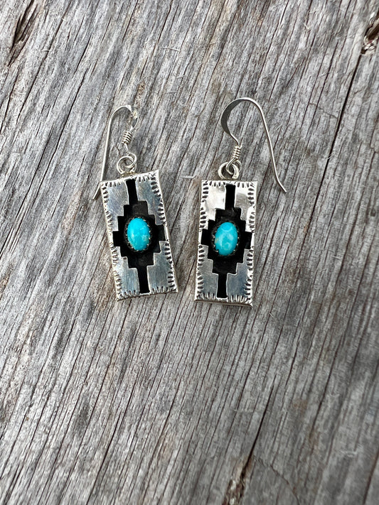 Native Handmade Sterling & Turquoise Shadowbox Dangle Earrings