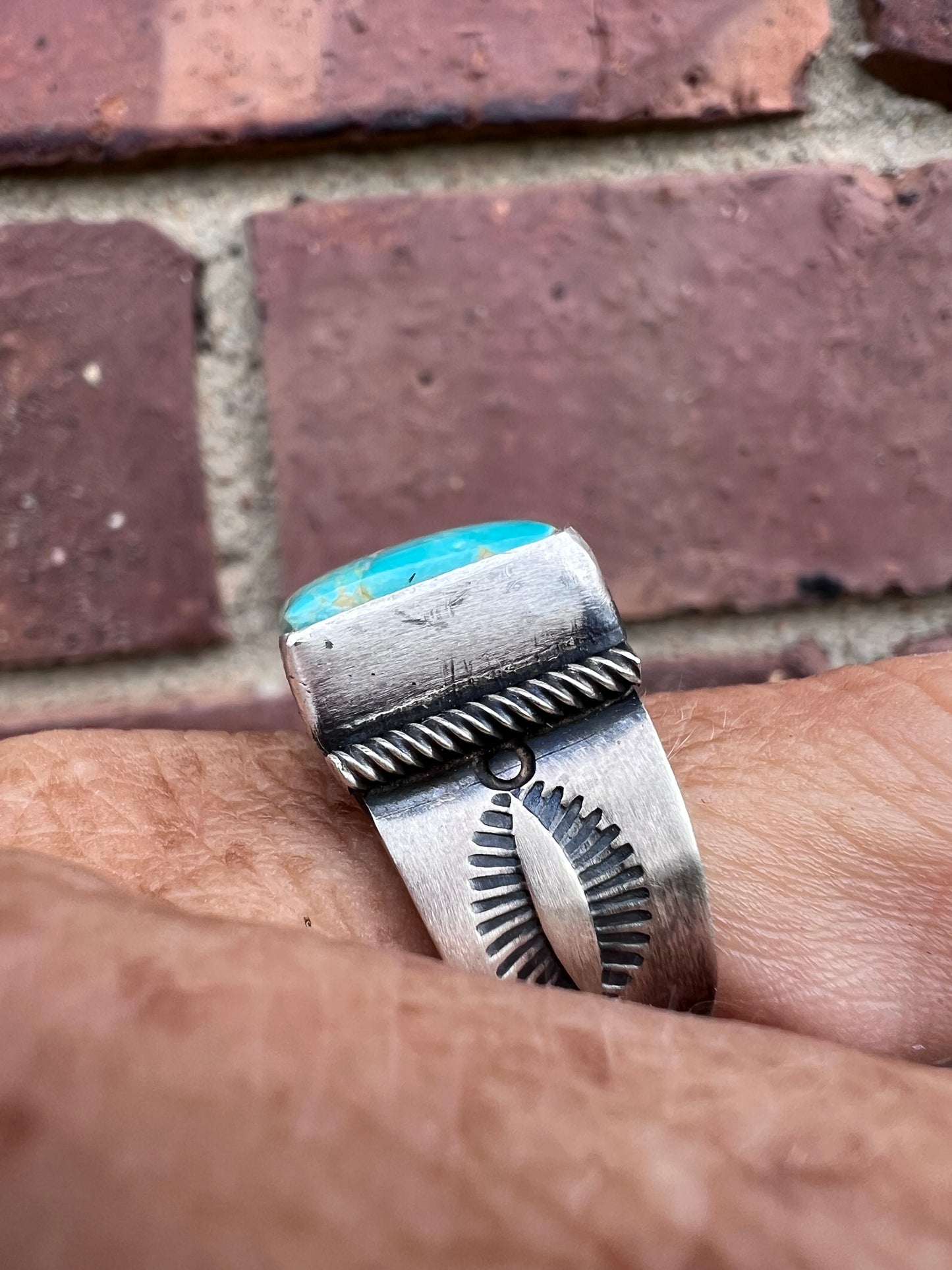 Native American Handmade By Ray Bennett. Sterling & Turquoise Square-stone Ring Sz 8