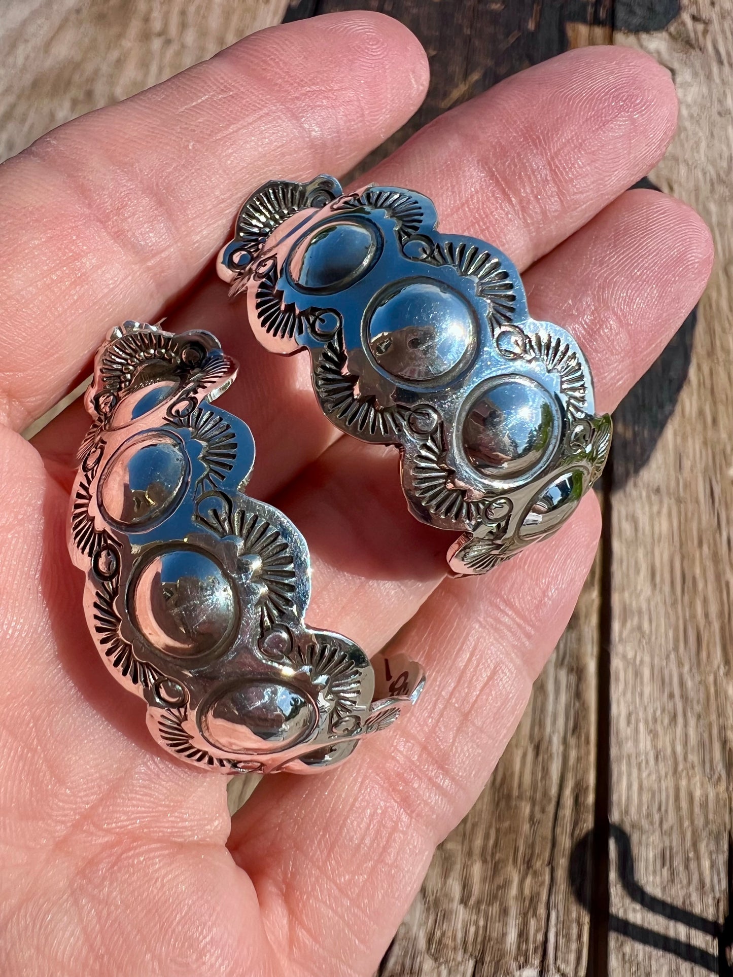 Native American Handmade Sterling Stamped Half-Hoop Post Earrings 1.5”x 3/4”