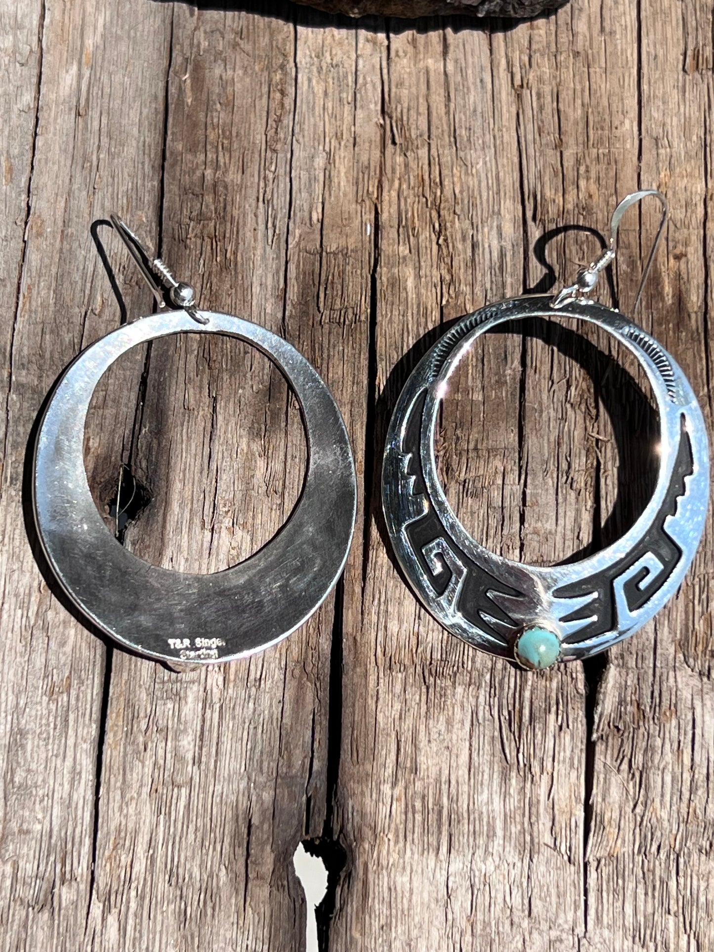 Navajo Handmade by Rose Singer Sterling & Turquoise Hoop Dangle Earrings