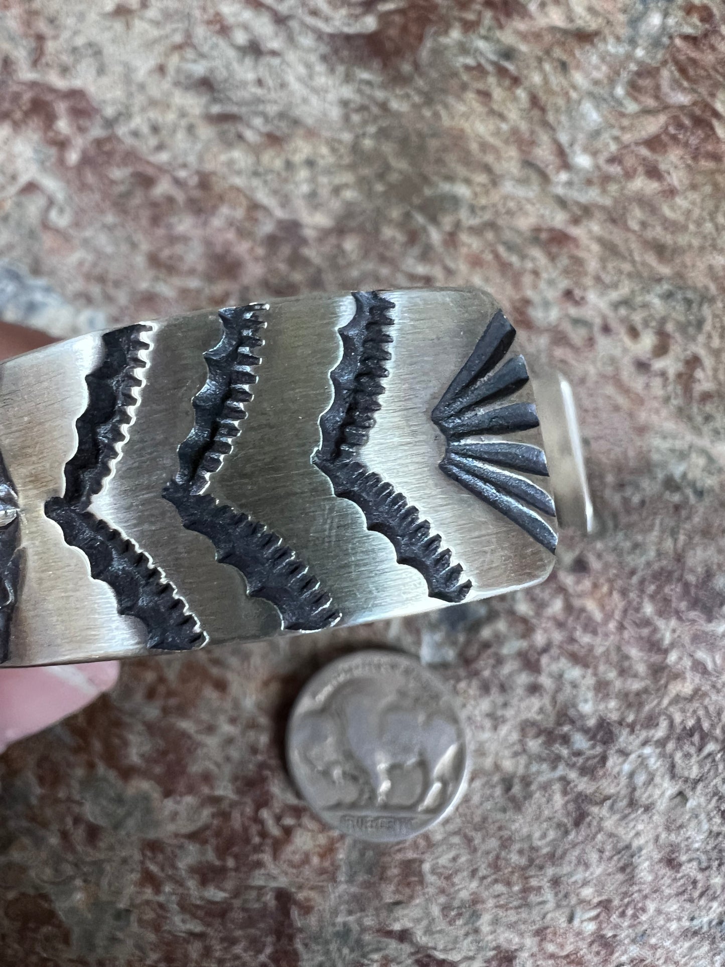 Native American Handmade by Jerald Tahe- Sterling Starshot Cuff Sz 6.5