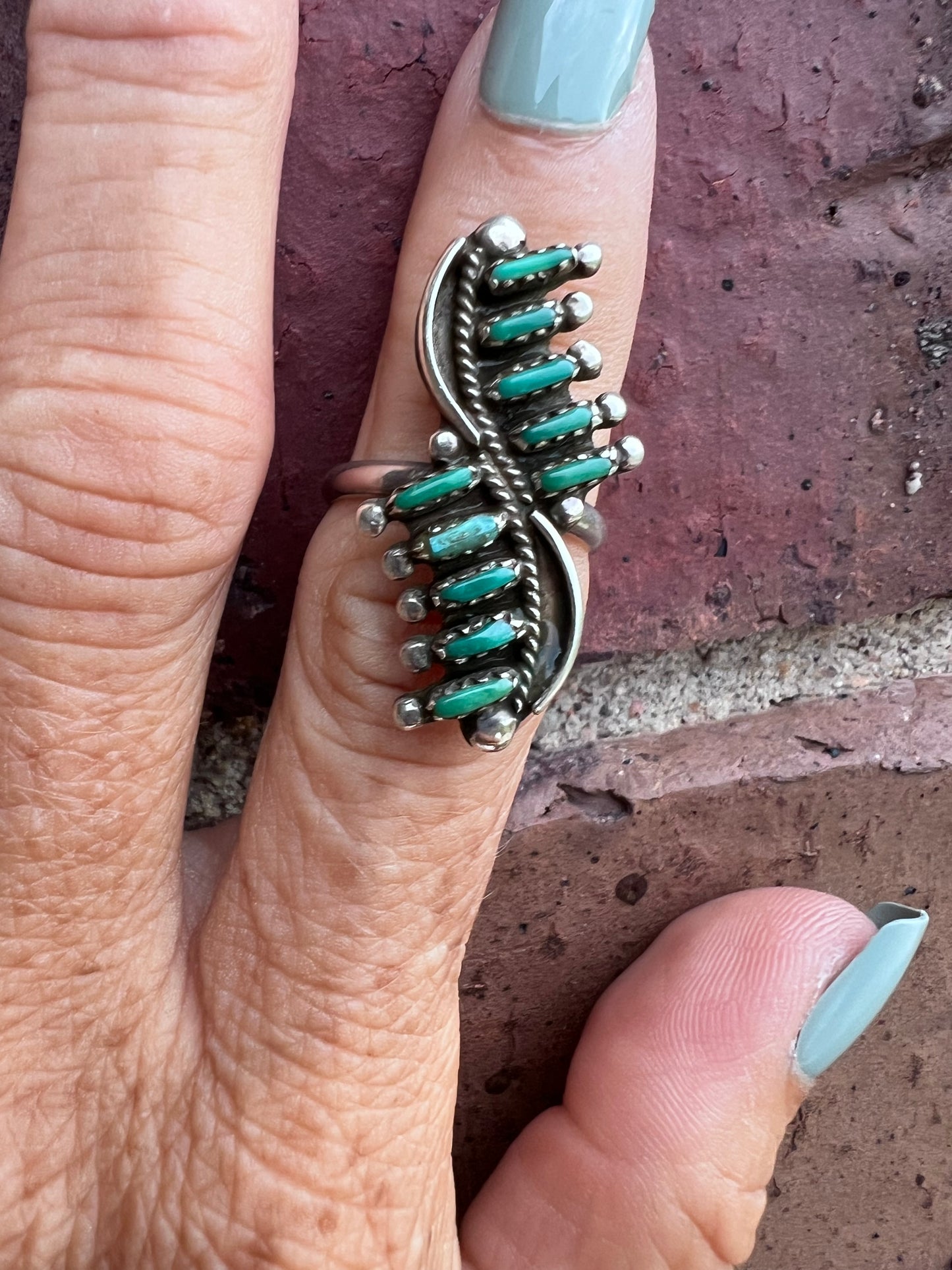 Vintage Handmade Needle Point Green Turquoise Ring Sz 6.5