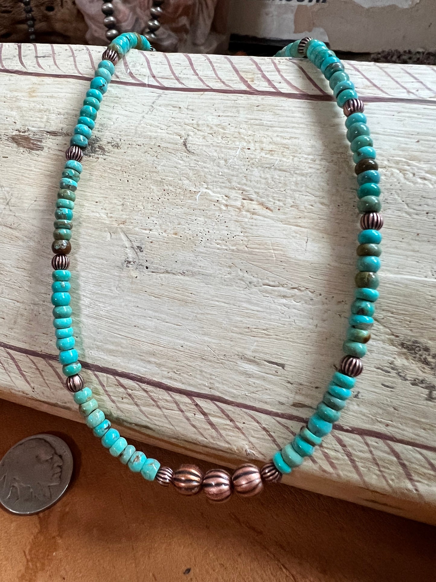 Copper & Carico Lake Turquoise Rondelle Bead Necklace 14-16”