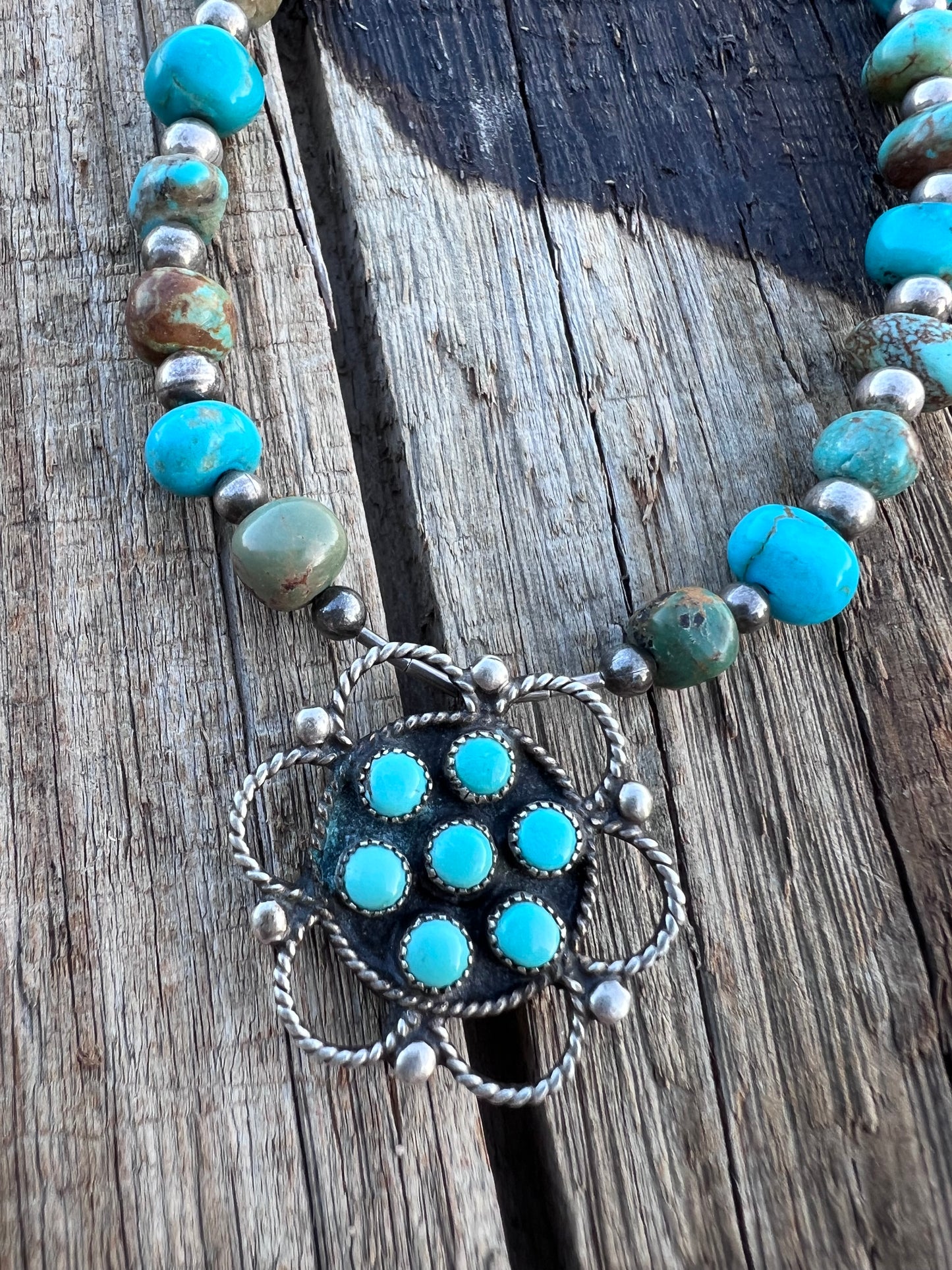Vintage Turquoise Nugget(8mm), Sterling bead(5mm), Vintage Broach(11mm) Necklace 18”