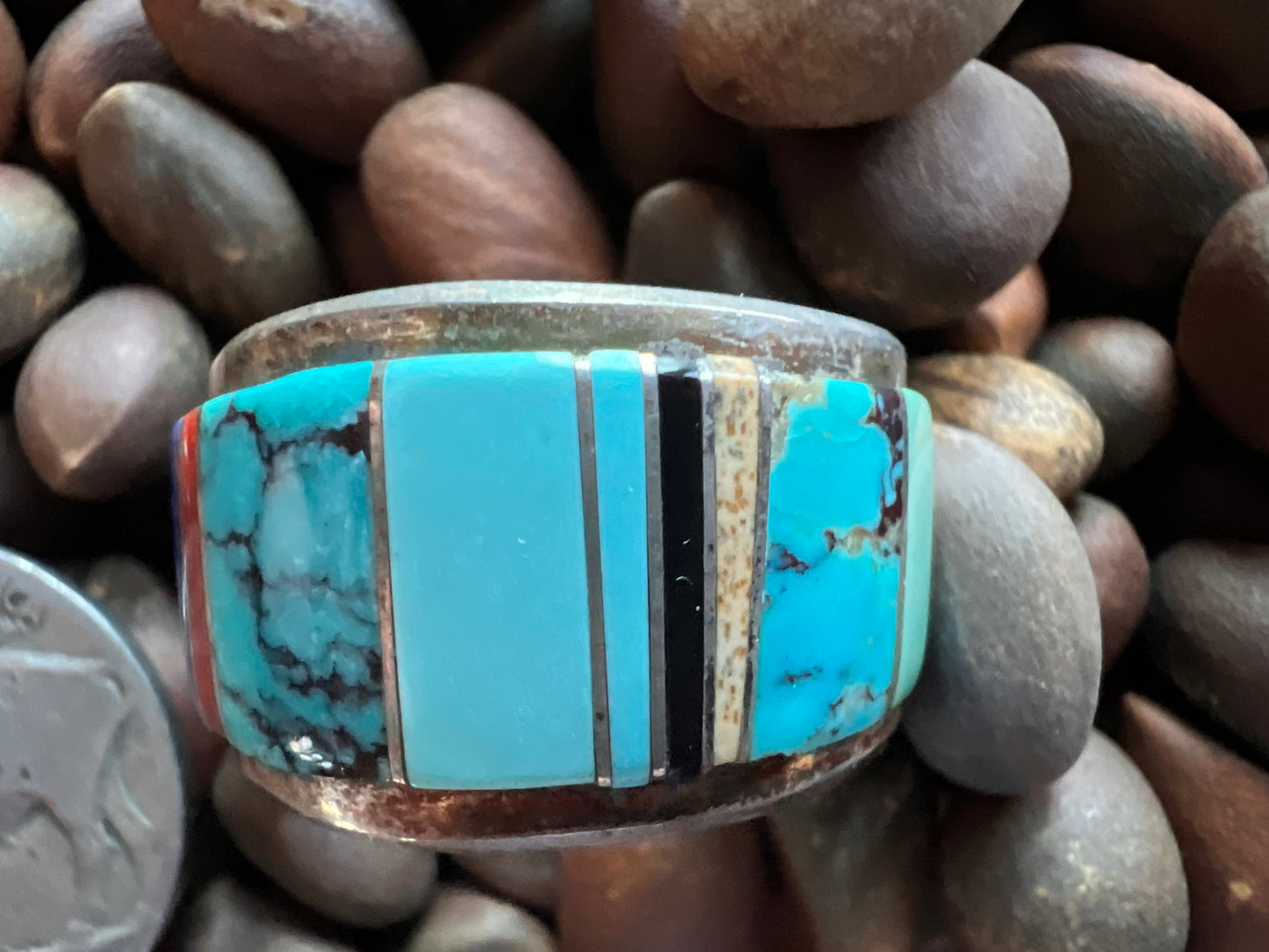 Vintage Navajo Handmade Men’s Inlay Ring - Lapis, Coral, Turquoise, Onyx, Jasper & Sterling Silver Sz 10