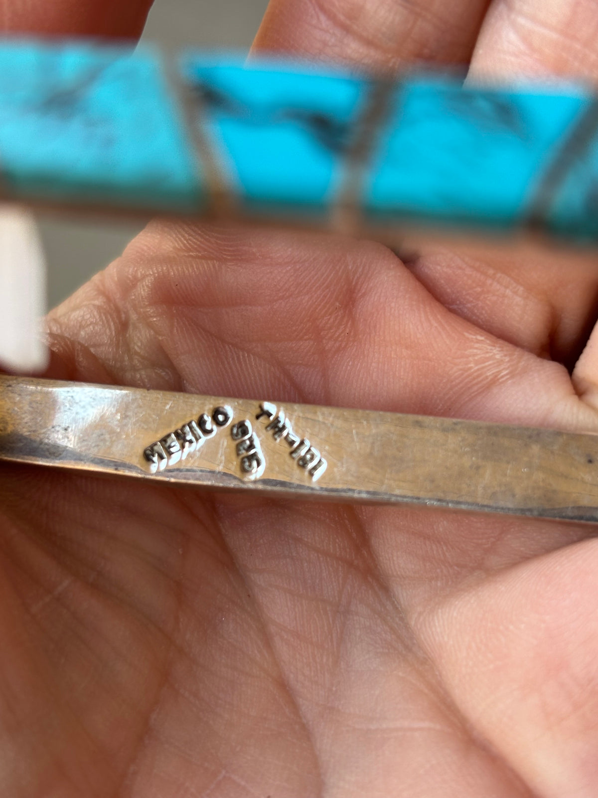 Rare!! Vintage Taxco Mexico Sterling Silver & Inlay Turquoise Square Bangle Bracelet Sz 7