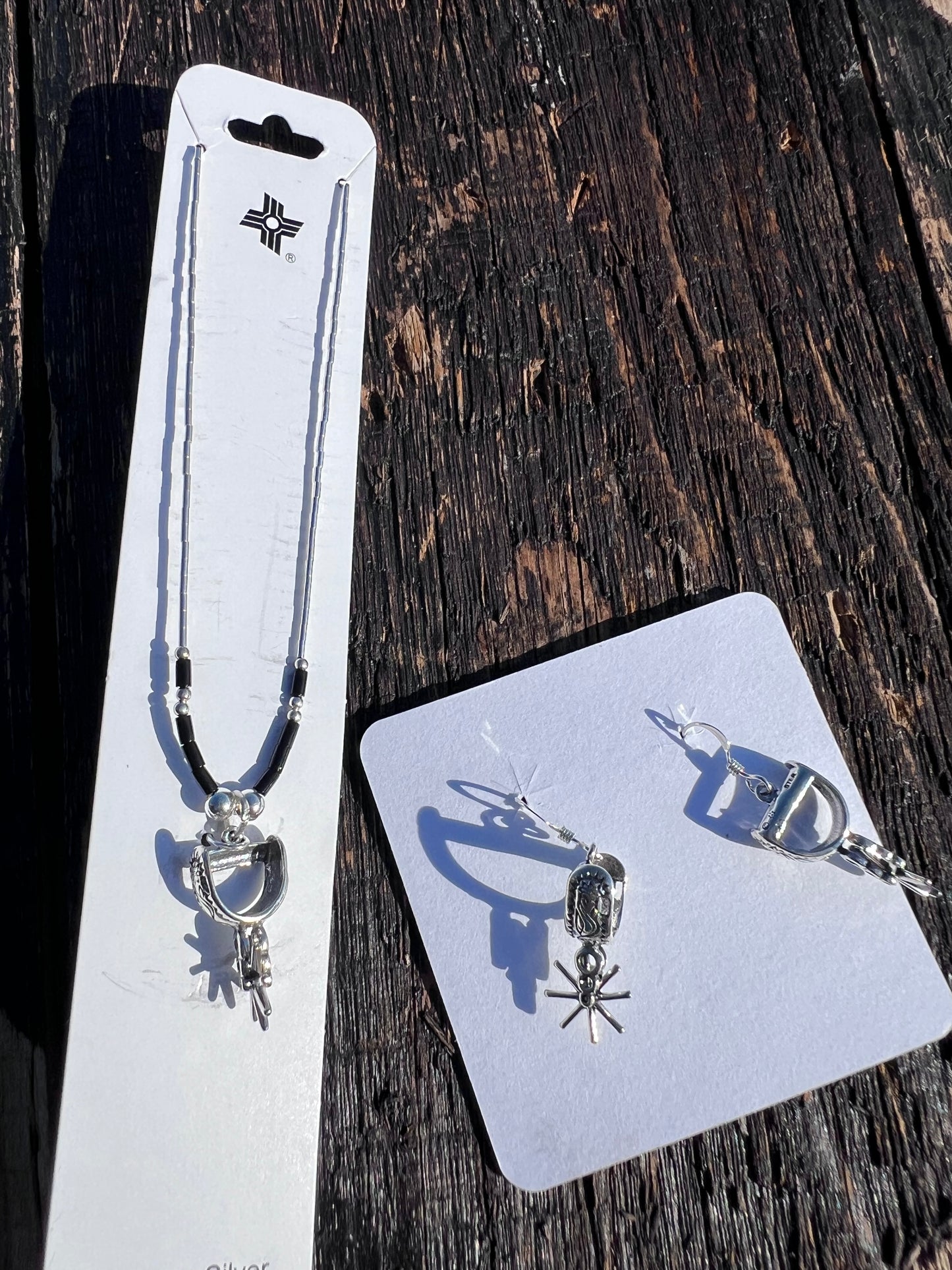 Sterling Liquid Silver & Black Jet Spur Necklace 15.5” & Dangle Earrings 1.5” Set