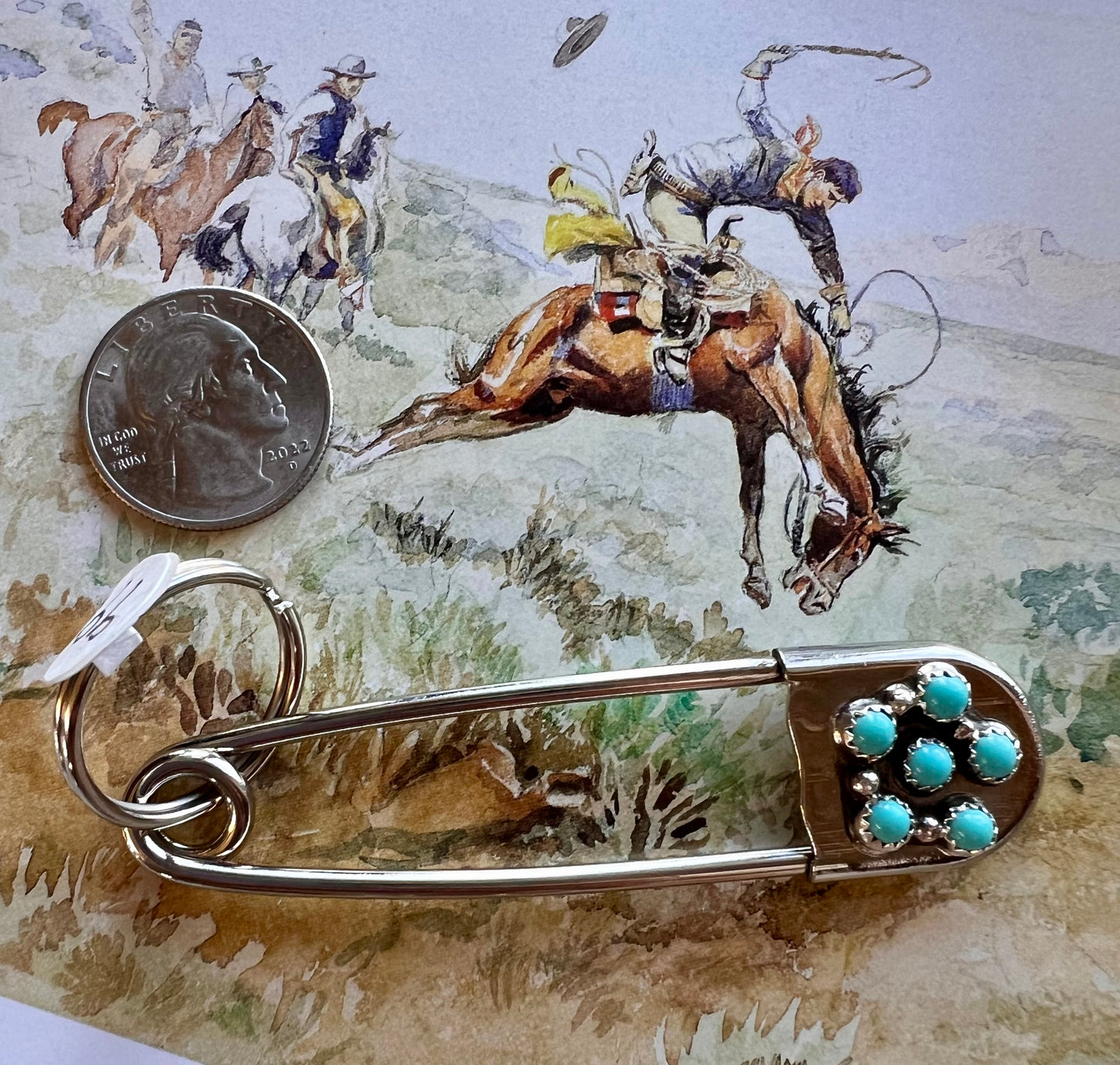 Large Safety Pin Key Chain with Sterling Silver & Turquoise Cluster Design