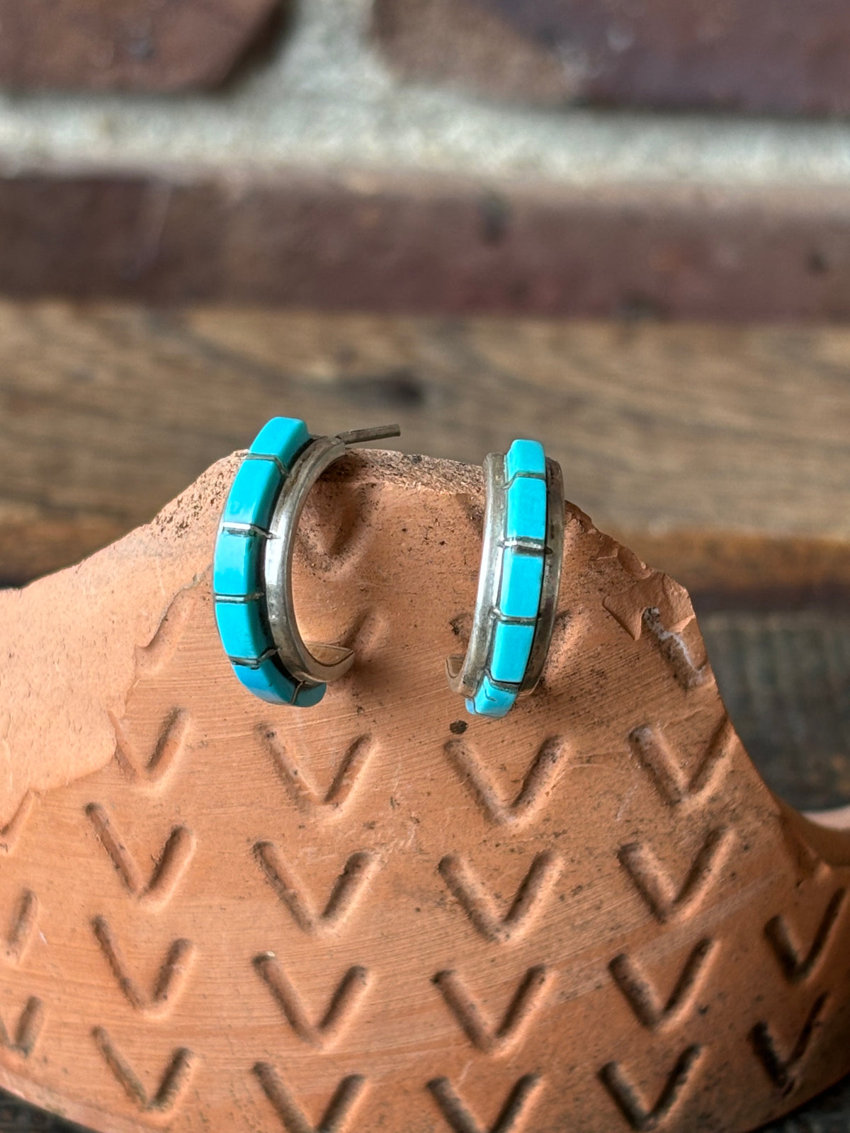 Vintage Native Handmade Sterling & Turquoise Inlay Hoop Post Earrings