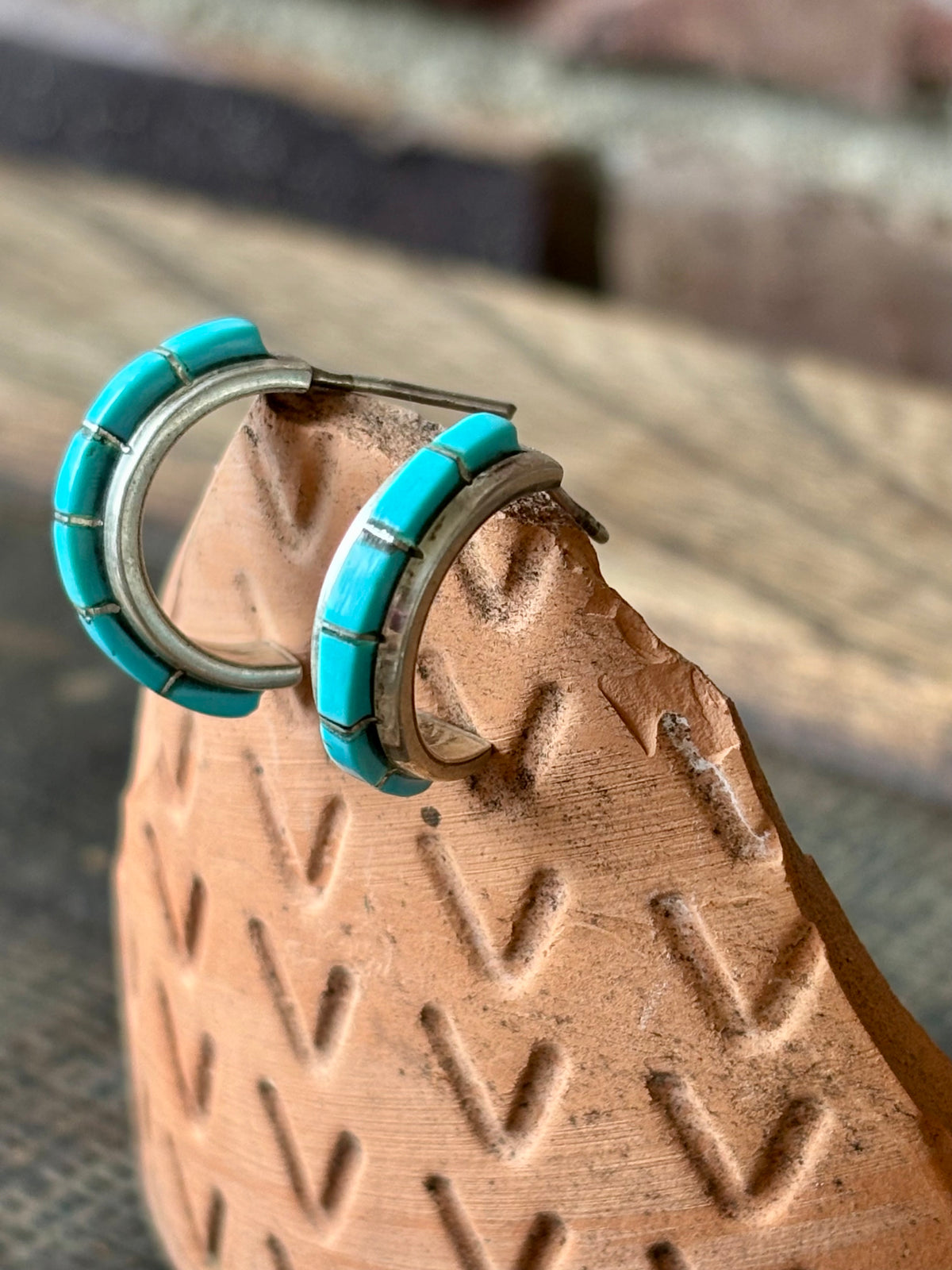 Vintage Native Handmade Sterling & Turquoise Inlay Hoop Post Earrings