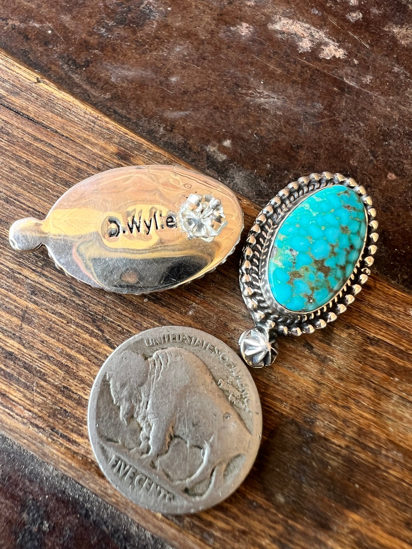 Navajo Handmade by Darrell Wylie- Waterweb Kingman Turquoise & Sterling Silver Post Earrings 1” x 3/4”
