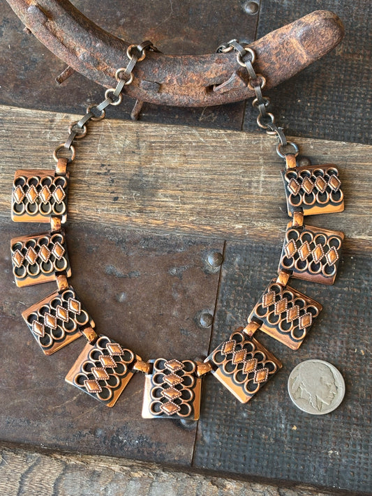 Vintage Copper Bib Panel Necklace 16.5”