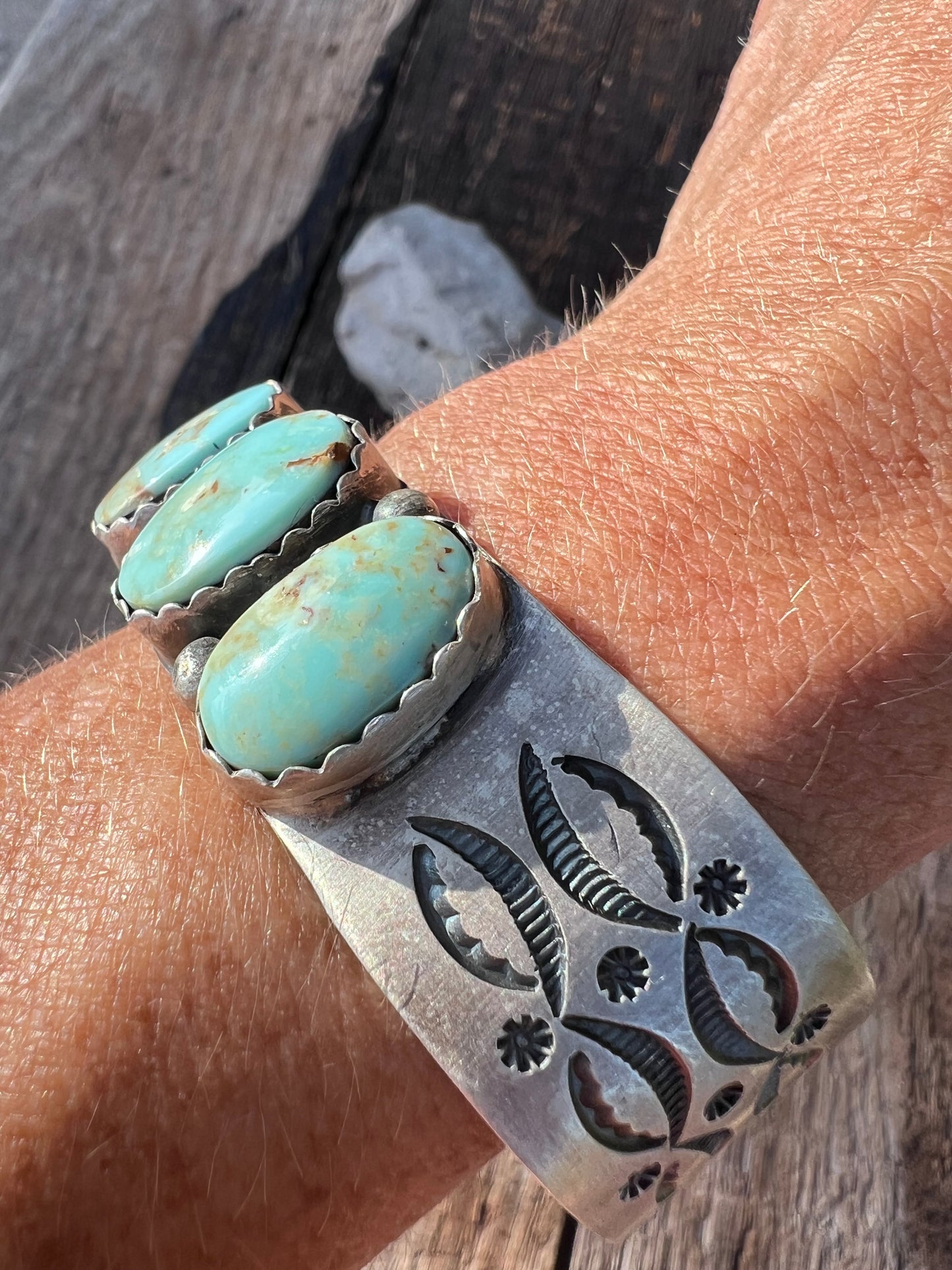 Navajo Handmade by La Rose Ganadonegro- Sterling & 3-stone RARE Dry Creek Turquoise Cuff Bracelet Sz 6.75, 7/8” wide