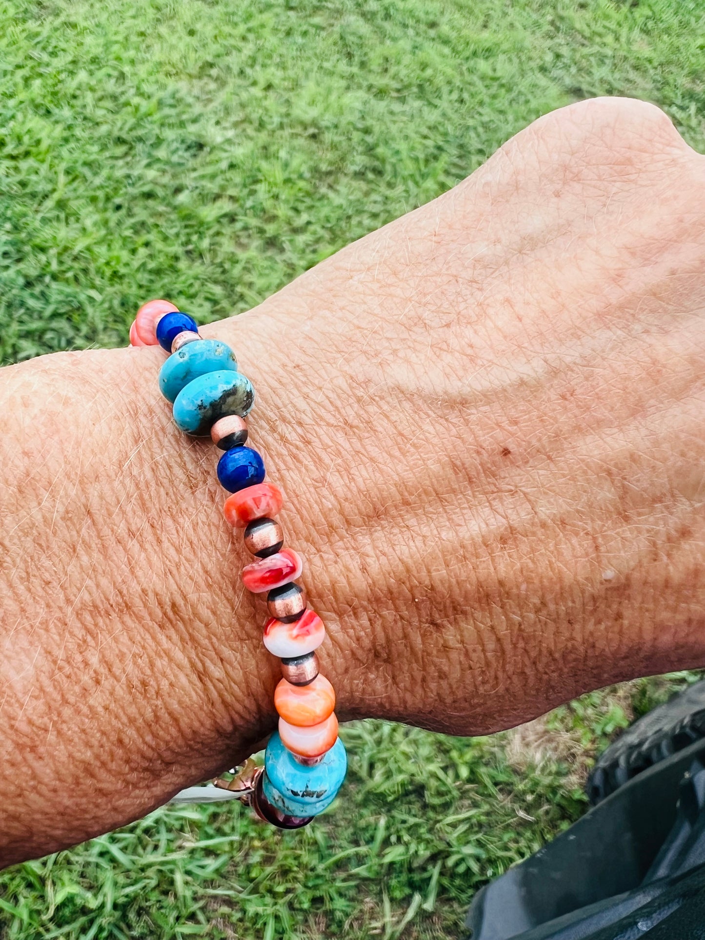 Copper, Orange/Red/Purple Spiny, Turquoise & Lapis Beaded 4-10mm Bracelet Sz 7-8”