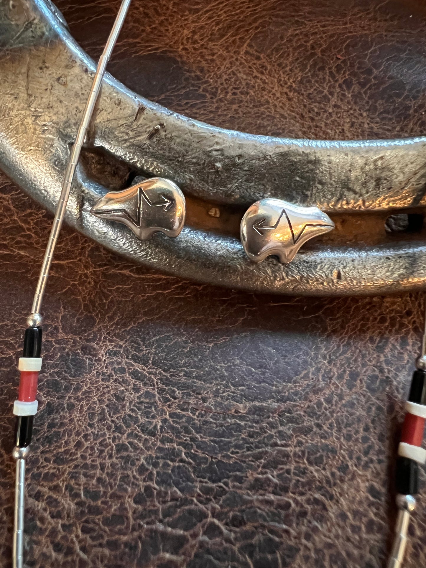 Sterling Silver, Black Jet and Coral Bear Liquid Silver Necklace 16” & Post Earrings Set