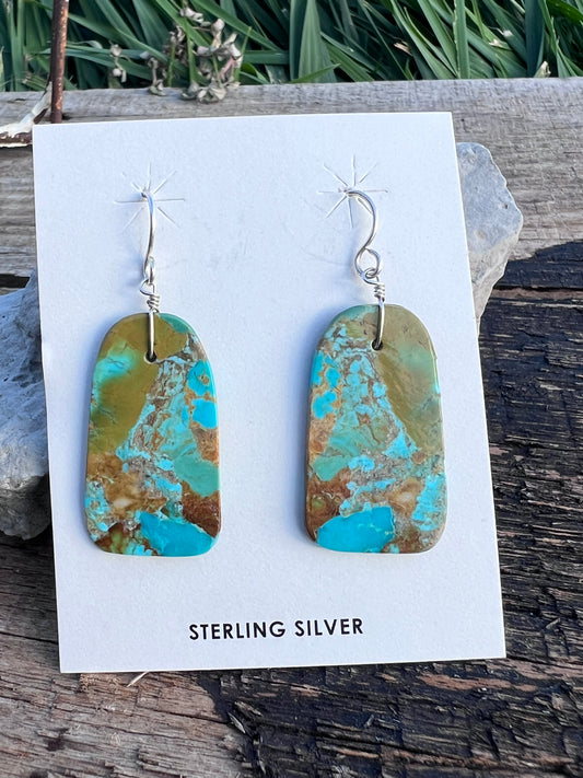 Native American Handmade by Marcello Castillo Turquoise Slab Dangle Earrings  2” x 3/4”