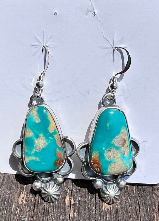 Native Navajo Handmade by Miranda Willie.  Fox Turquoise & Sterling Dangle Earrings 2”