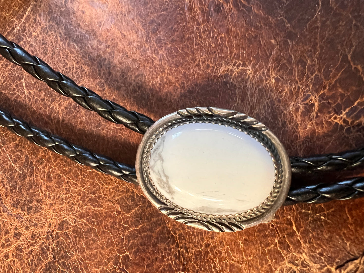 Handmade White Buffalo and Sterling with Black Braided Leather Bolo Necklace with Sterling Tips