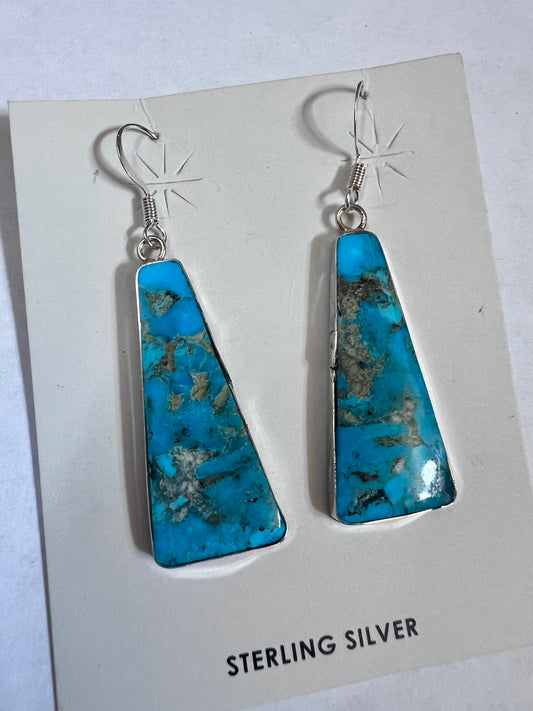 Native American Handmade by Veronica Tortalita- Sterling & Kingman Turquoise Slab Dangle Earrings 2.2”
