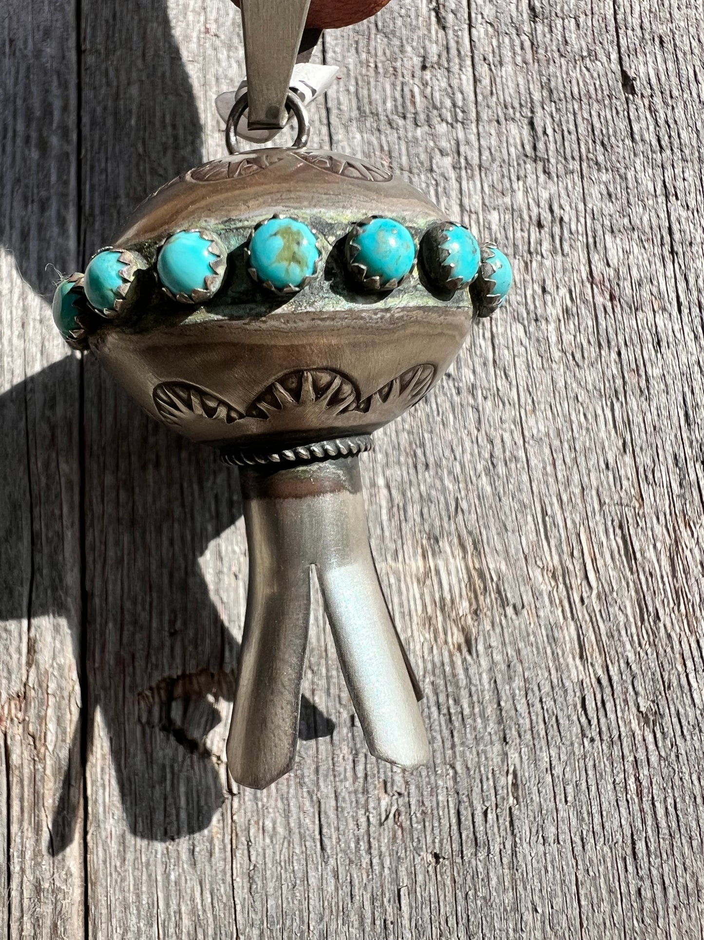 Navajo Handmade by the talented Monica Smith, Sterling Silver & Turquoise Stamped Blossom Pendant 2.4”