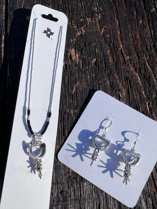Sterling Liquid Silver & Black Jet Spur Necklace 15.5” & Dangle Earrings 1.5” Set