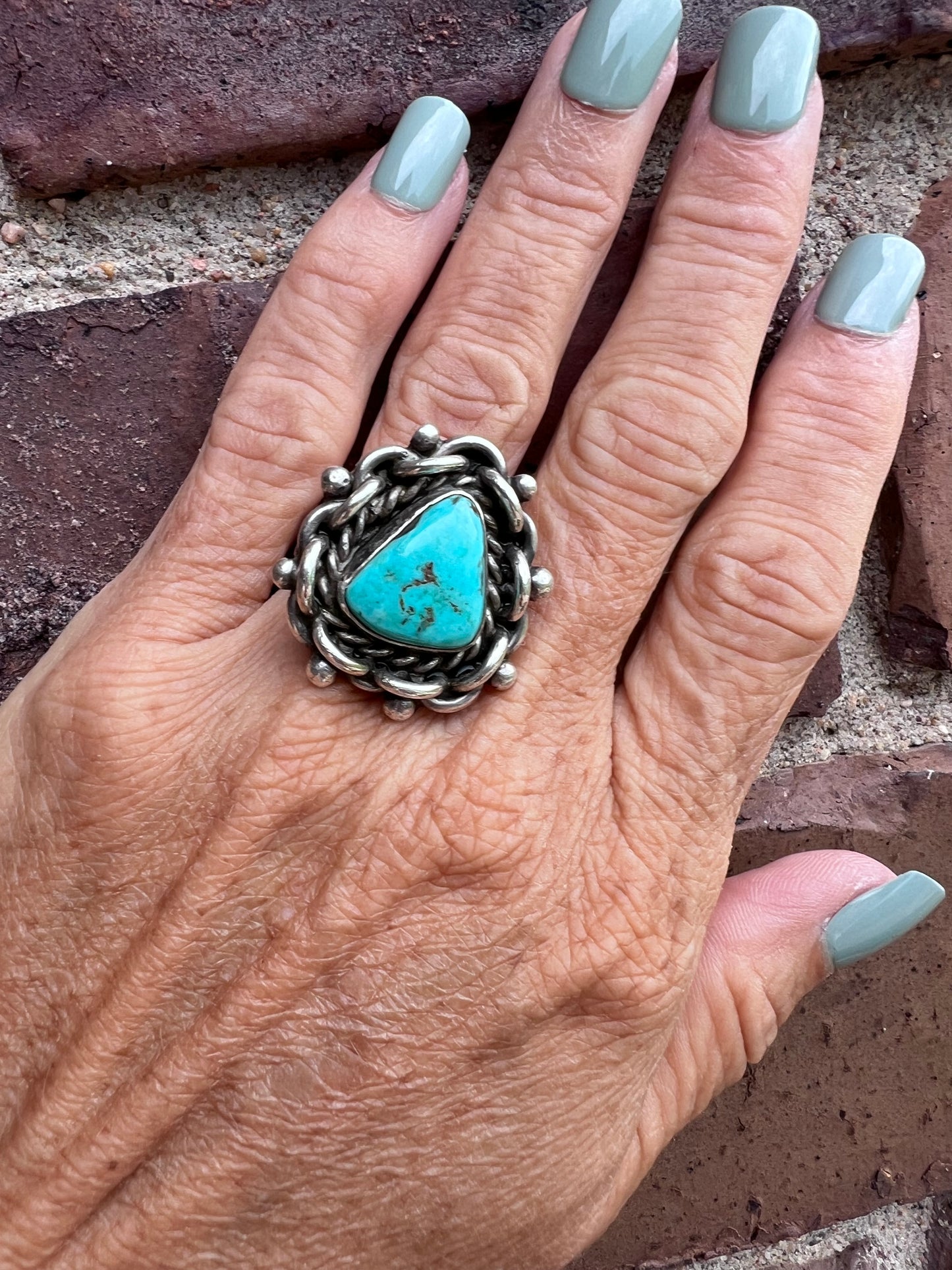 Vintage Handmade Heavy Sterling & Turquoise Ring Sz 8