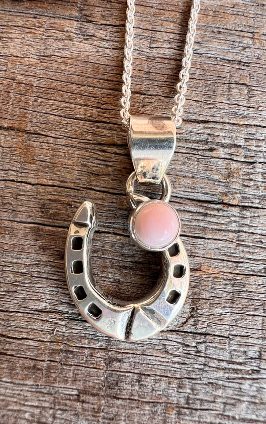 Handmade Pink Conch Shell Horse Shoe Pendant on a Sterling Rolo Chain Necklace 18”